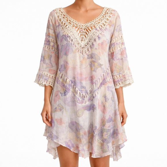 Tops - Crochet Floral Cover-Up OS Fits S/M Boho Fairycore Festival Cream Lilac Tunic